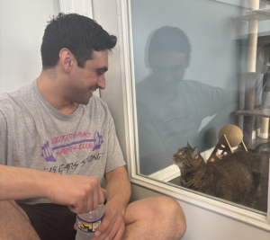 Pictured: Vanderbilt Business student Anthony Curio sits with a cat during his service at the 2025 Owen Community Service Day